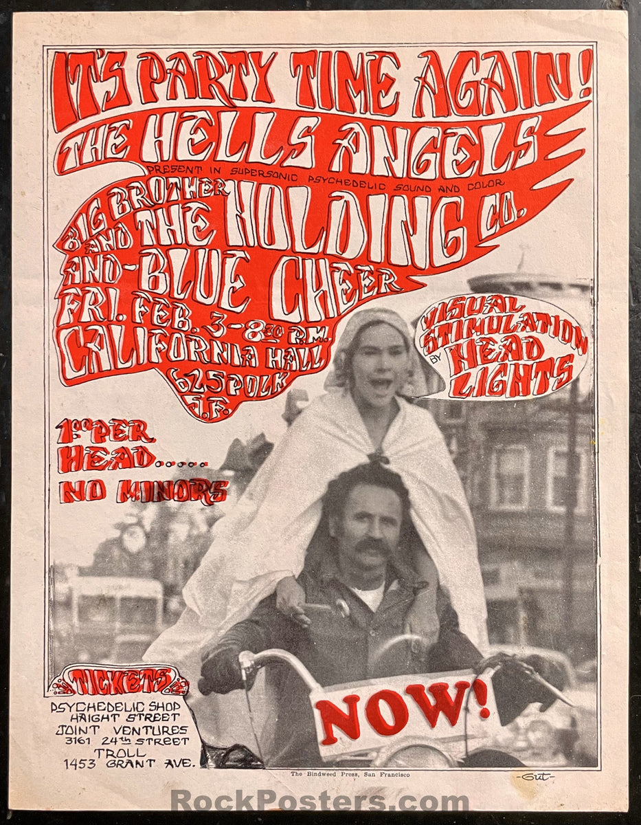 AUCTION - AOR 2.248 - Hell's Angels - Janis Joplin Blue Cheer - 1967  Handbill - California Hall - Excellent