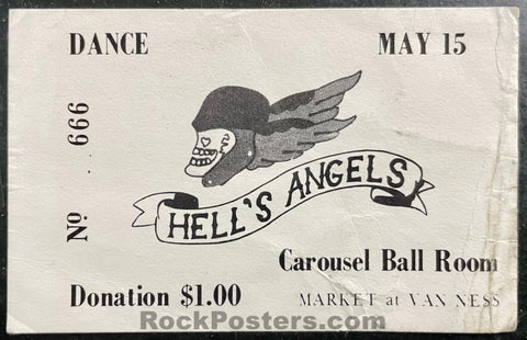 AUCTION - AOR 2.249  - Hell's Angels - Janis Joplin Big Brother - 1968 Ticket - Carousel Ballroom - Excellent