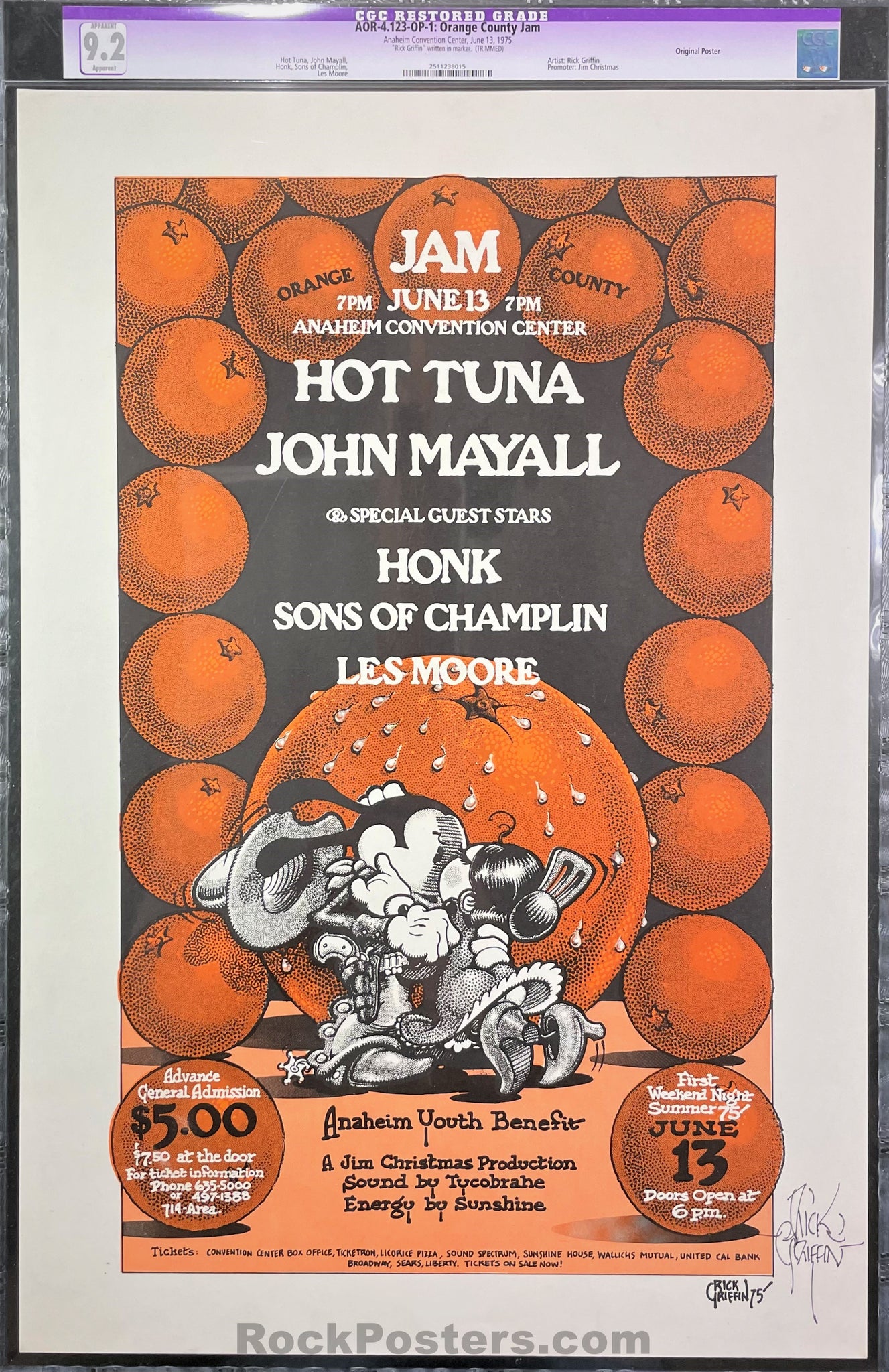AUCTION - AOR-4.123 - Hot Tuna - 1975 Poster - Rick Griffin Signed - Orange County Jam - CGC Graded 9.2