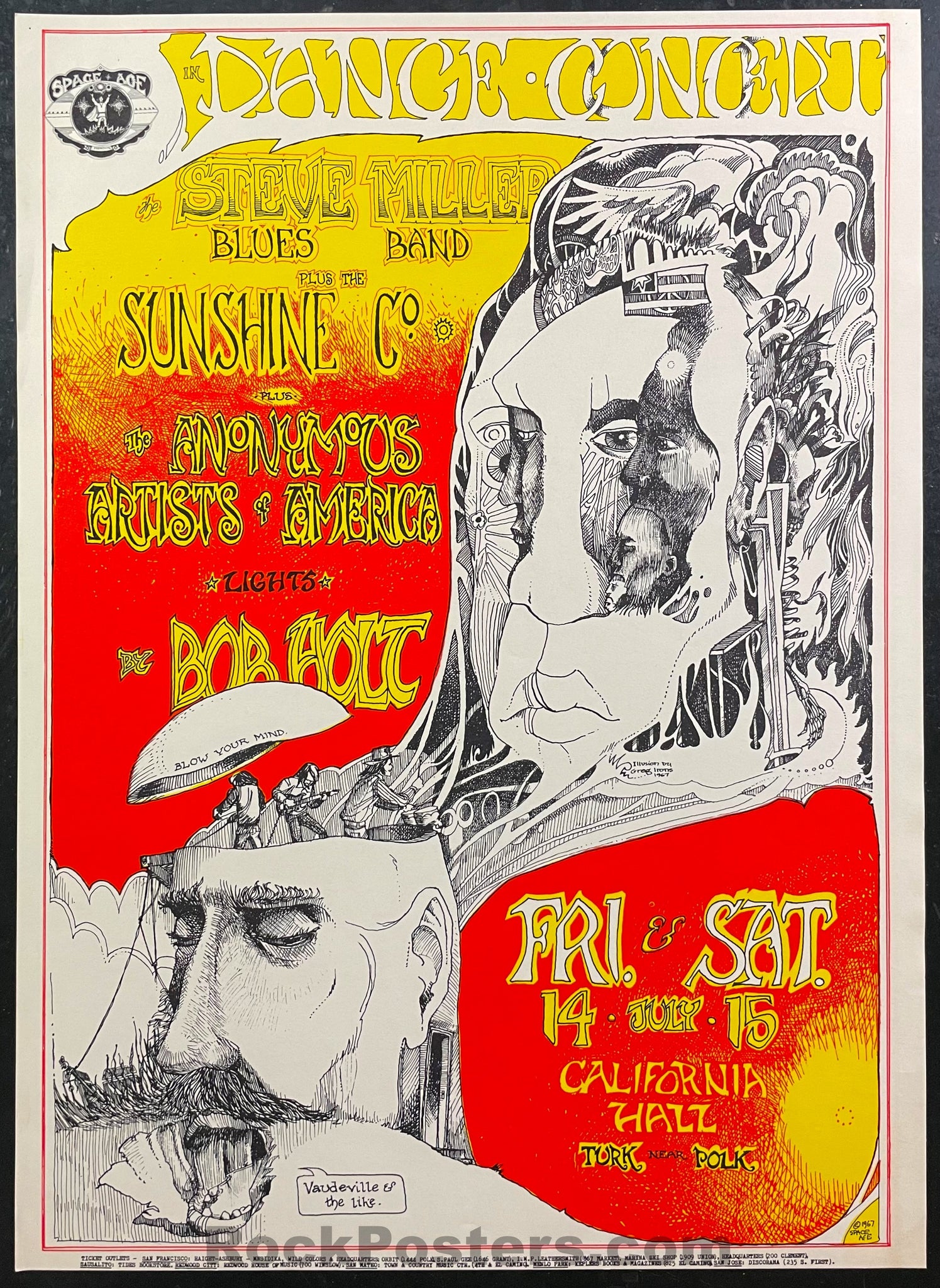 AUCTION - AOR 2.138 - Steve Miller - 1967 Greg Irons - California Hall Poster - Excellent