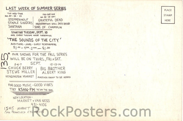 BG135 - Chuck Berry Postcard - Fillmore Auditorium (05-Sep-68) Condition - Mint