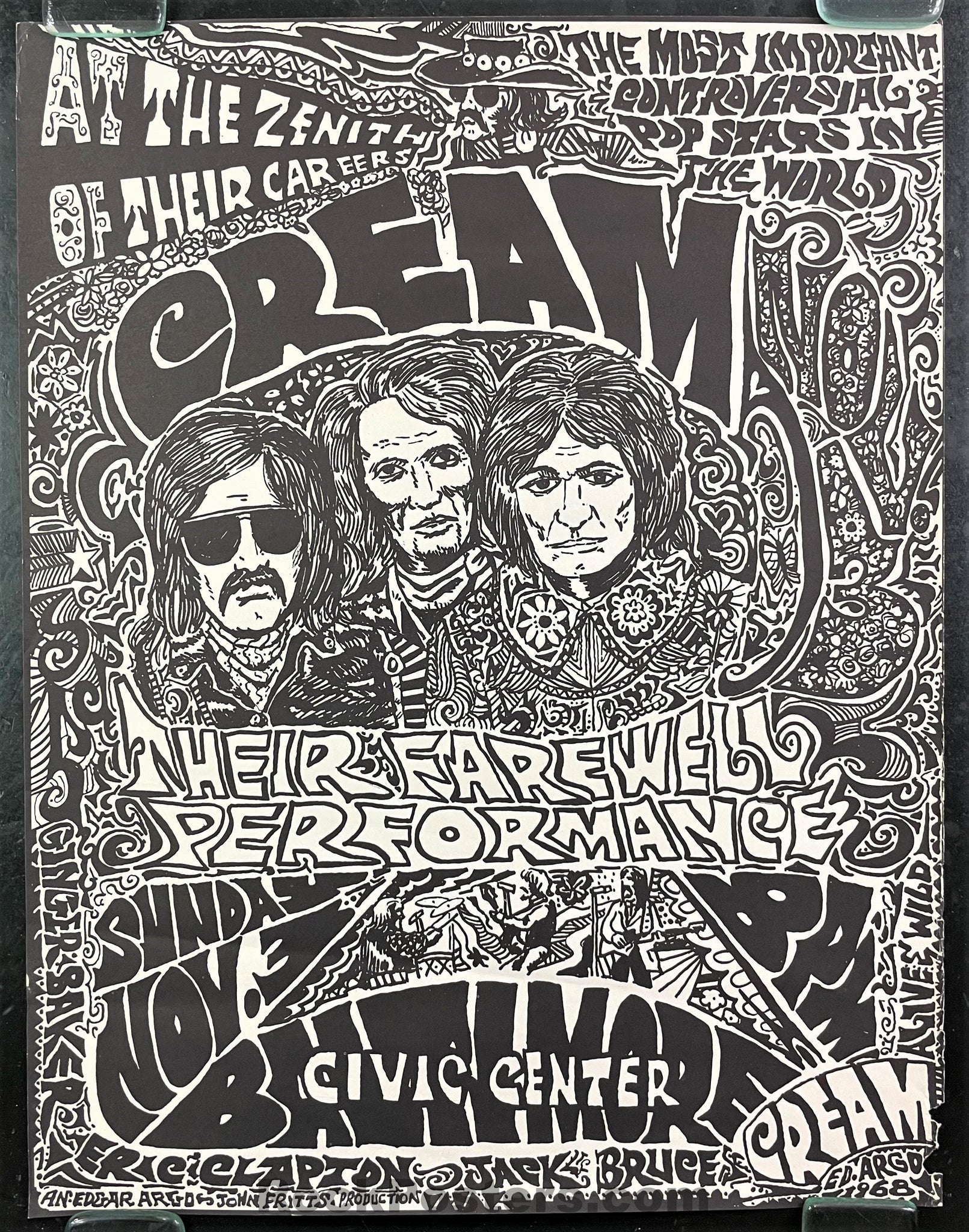 AUCTION - Cream - Farewell Performance - 1968 Concert Poster - Baltimore Civic Center - Good