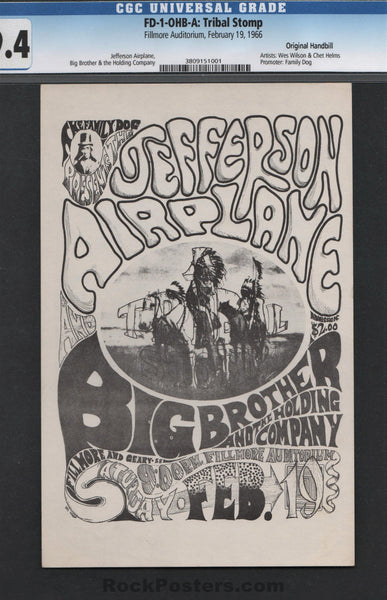 AUCTION - FD-1 - Jefferson Airplane - Big Brother - 1966 Handbill - Fillmore Auditorium - CGC Graded 9.4