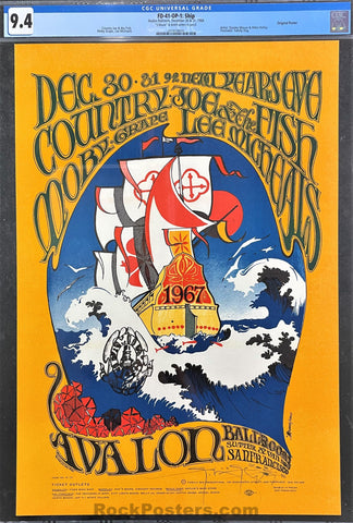 AUCTION -  FD-41 - Country Joe Moby Grape  - Stanley Mouse Signed - 1966 -67 Poster - Avalon Ballroom - CGC Graded 9.4