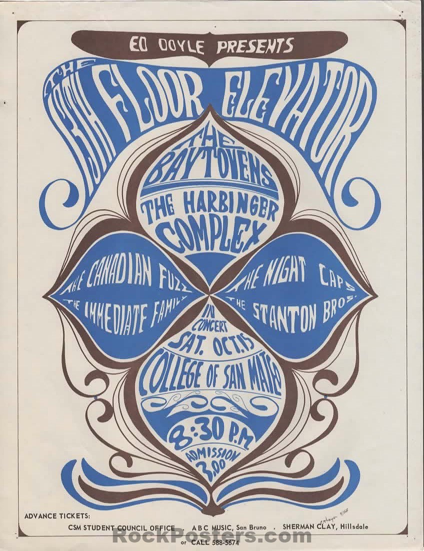 AUCTION - 13th Floor Elevators - 1966 Handbill - San Mateo - Excellent