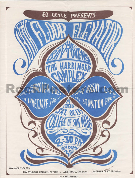 AUCTION - 13th Floor Elevators - Baytovens - 1966 Handbill - College of San Mateo - Excellent