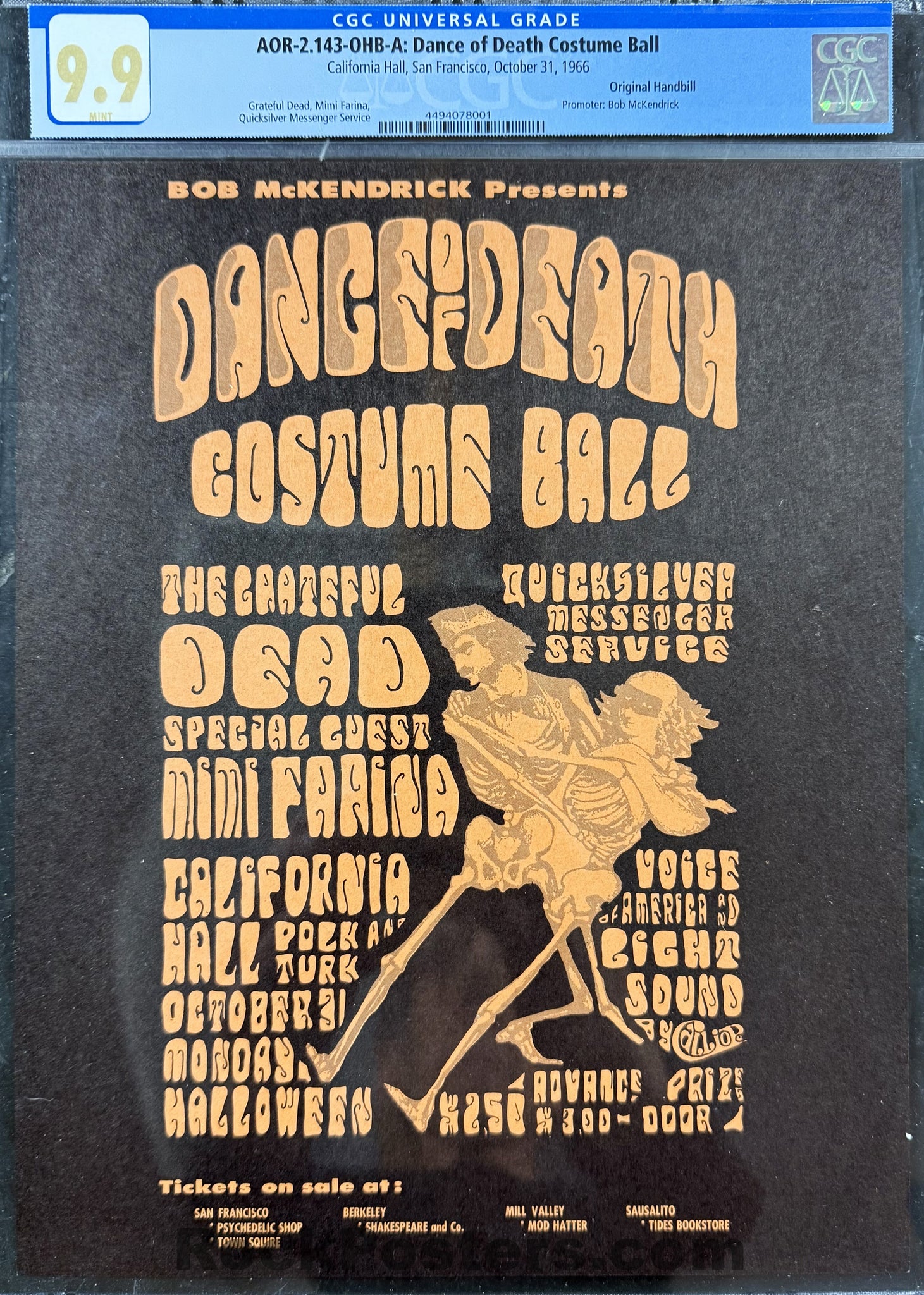 AUCTION - AOR 2.143-OHB - Grateful Dead - Dance of Death - 1966 Handbill - California Hall - CGC Graded 9.9 MINT