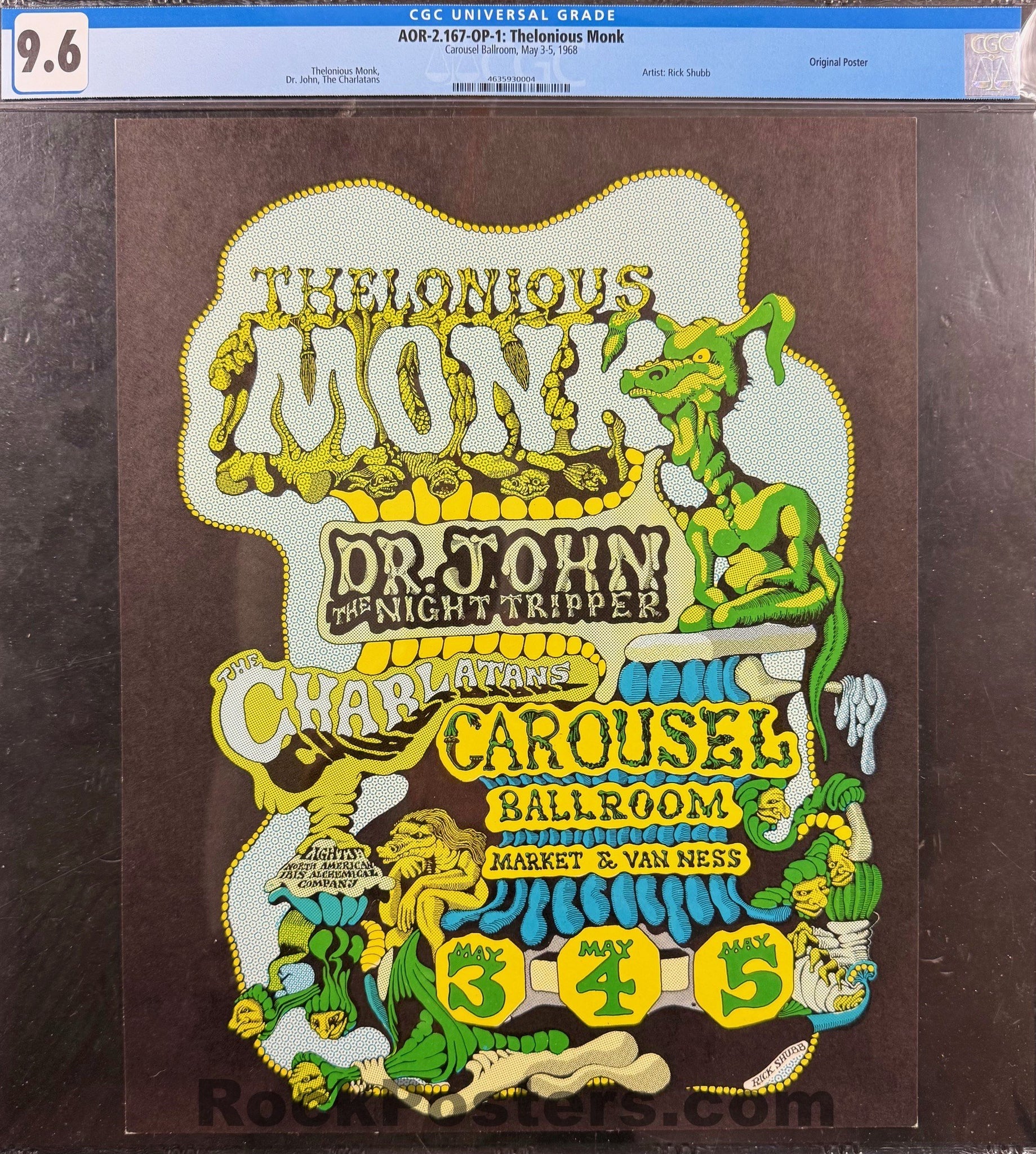 AOR 2.167 - Thelonious Monk - Dr. John - Rick Shubb - 1968 Poster - Carousel Ballroom - CGC Graded 9.6