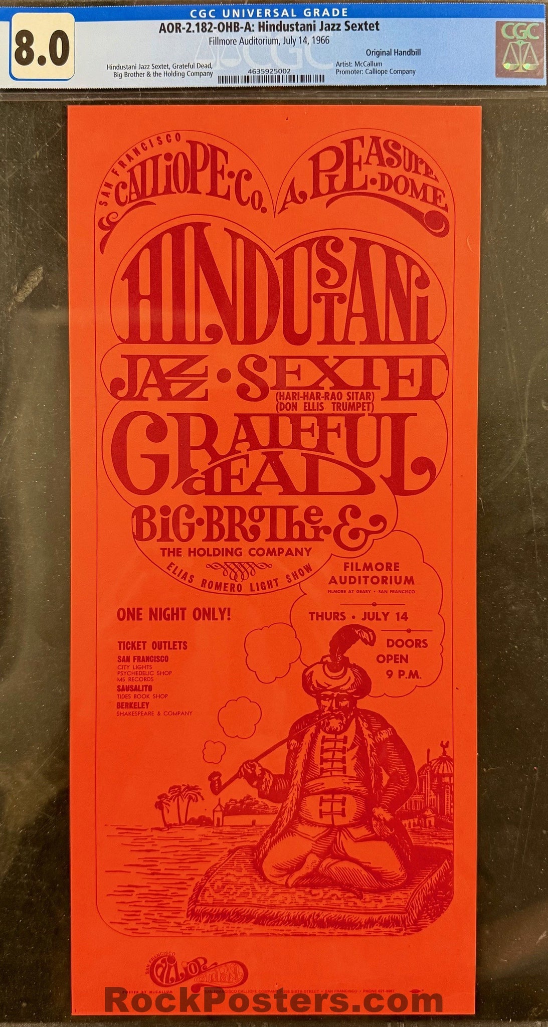 AOR 2.182 - Grateful Dead - Janis Joplin  - 1966 Handbill - Fillmore Auditorium - CGC Graded  8.0