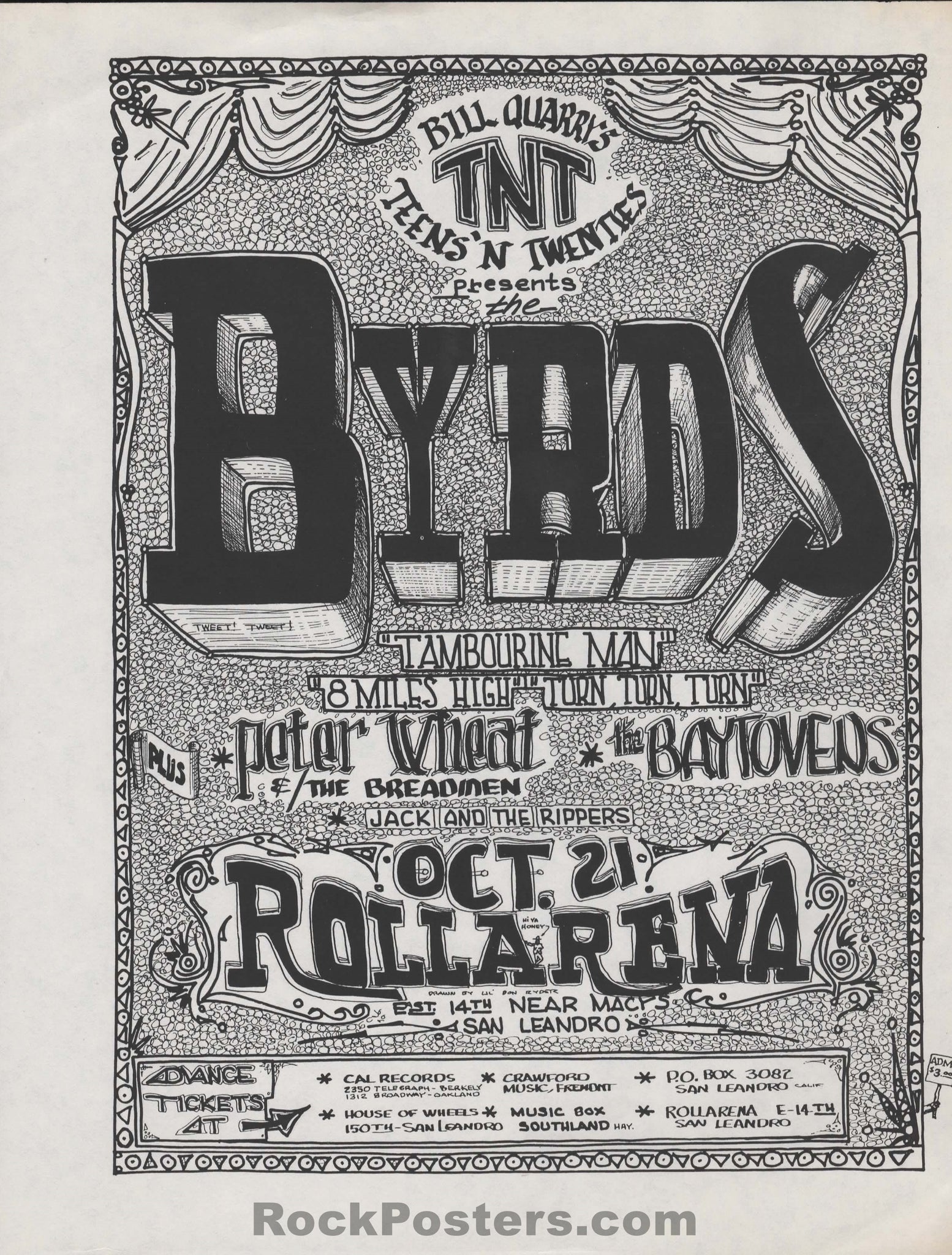 AUCTION - AOR 2.297 - The Byrds - 1967 Variant Handbill - San Leandro CA Rollarena - Near Mint Minus