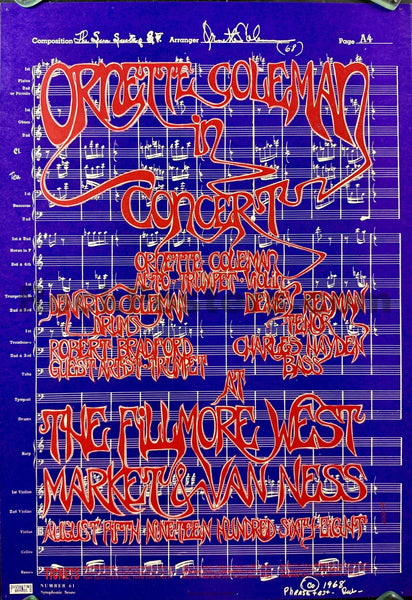 AUCTION - AOR 2.80 - Ornette Coleman - 1968 Poster -  Fillmore West - Excellent