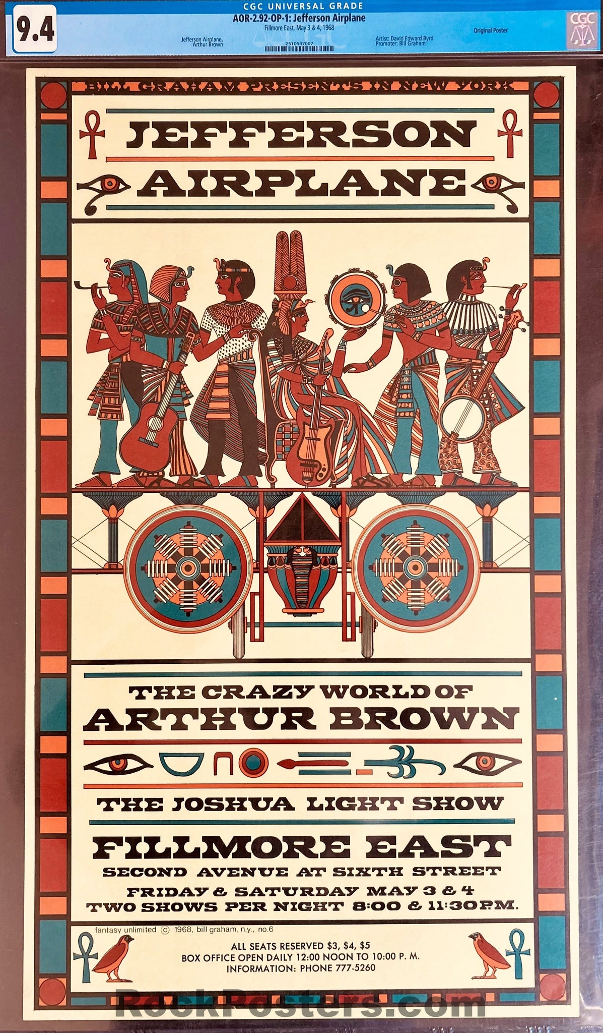 AOR 2.92 - Jefferson Airplane - David Byrd - 1968 Poster - Fillmore East - CGC Graded 9.4