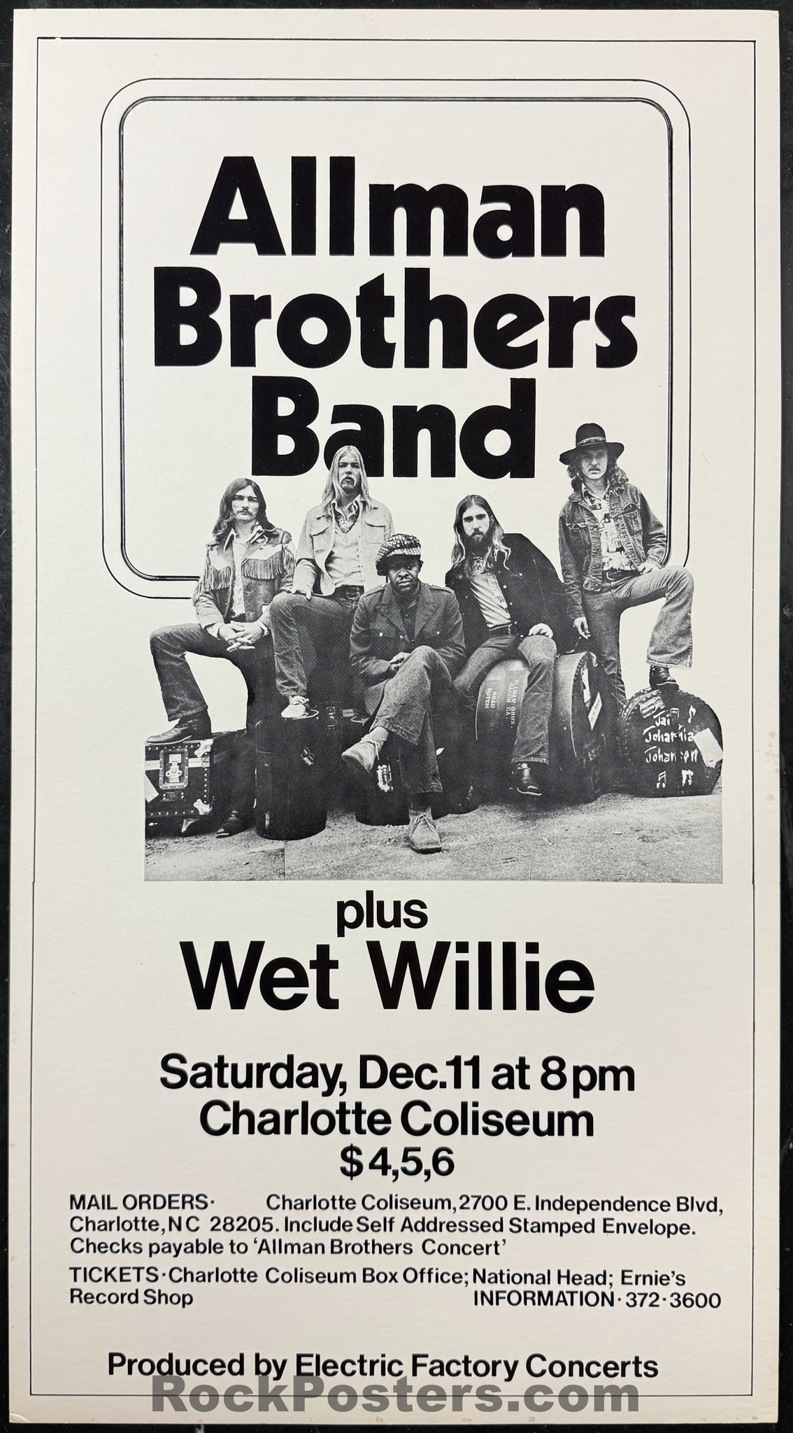 AUCTION - Allman Brothers Band - 1971 Board Poster - Charlotte, NC - Near Mint Minus