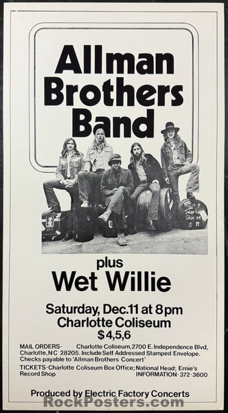AUCTION - Allman Brothers Band - 1971 Board Poster - Charlotte, NC - Near Mint Minus