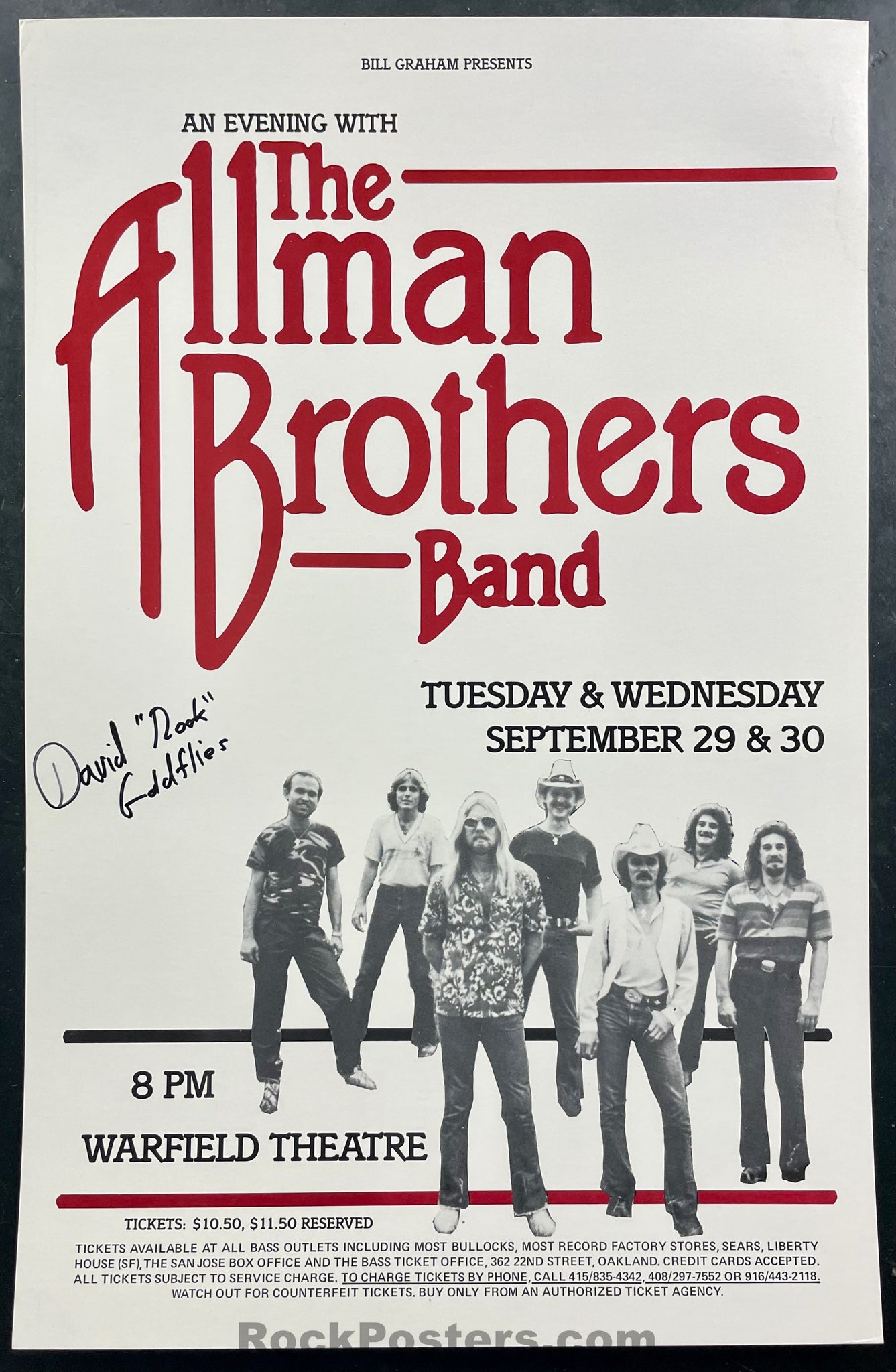 AUCTION - Allman Brothers - Band Member Signed - 1981 Poster & Ticket - Warfield S.F. - Near Mint Minus