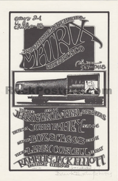 AUCTION - AOR 2.106 - Jerry Garcia - John Fahey - 1971 Artist Signed Handbill - The Matrix - Near Mint