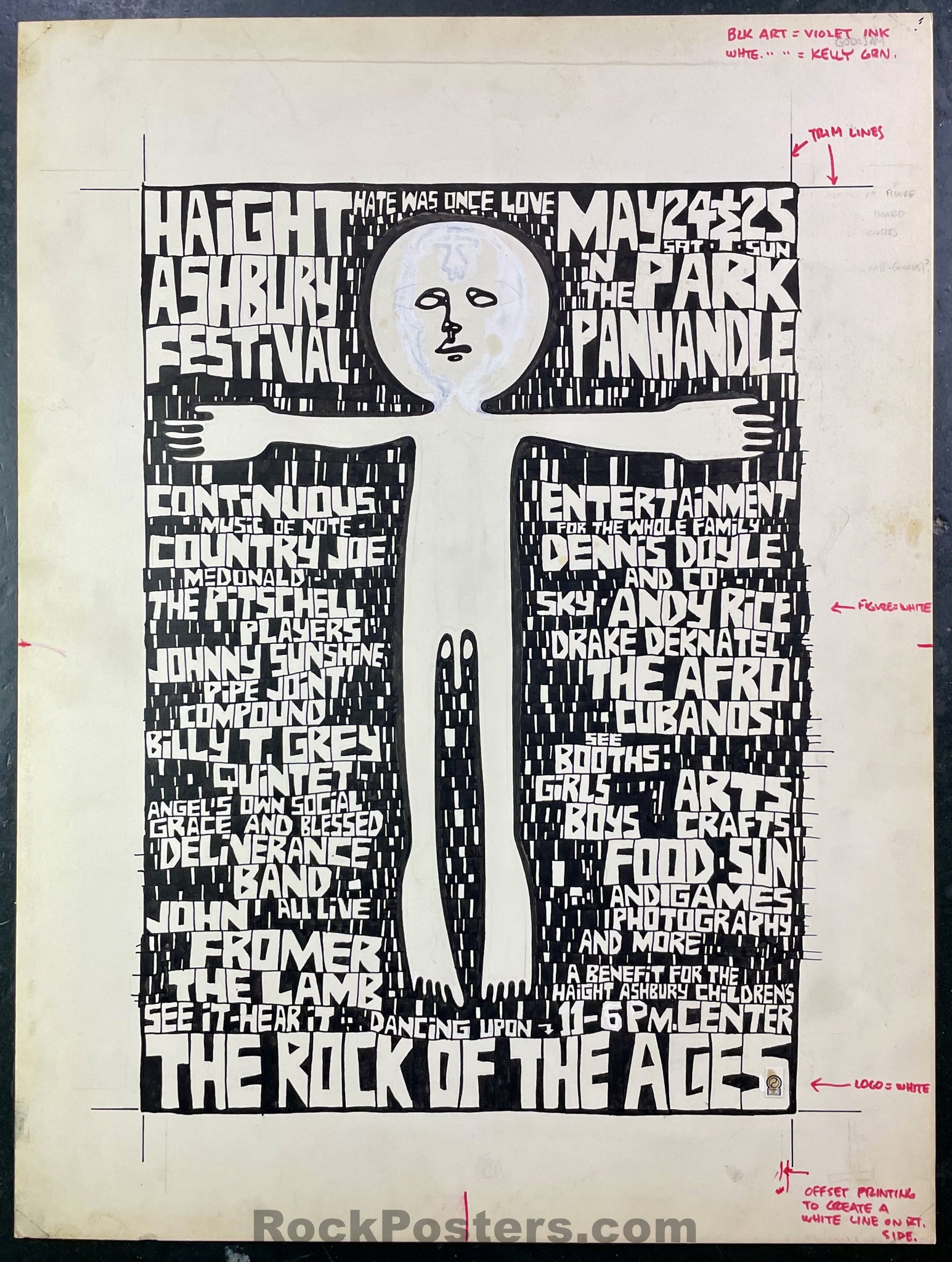 AUCTION - AOR  2.243 - ORIGINAL POSTER ART - Haight Ashbury Festival - Wes Wilson - 1969 Ink on Poster Board - Golden Gate Park - Excellent