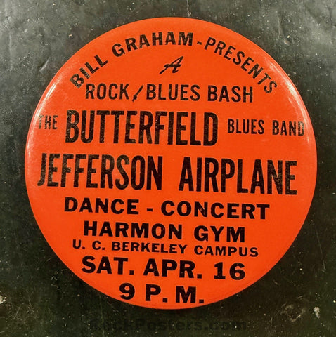 AUCTION - AOR 2.54 - BG-3 - Jefferson Airplane - Butterfield Blues - 1966 Button - Fillmore Auditorium - Near Mint