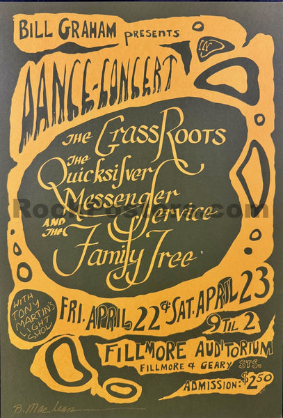 AUCTION -  BG-0-OP-1 - Quicksilver / Grass Roots - Bonnie MacLean Signed - 1966 Poster - Fillmore Auditorium - Near Mint - SF Rock Posters & Collectibles