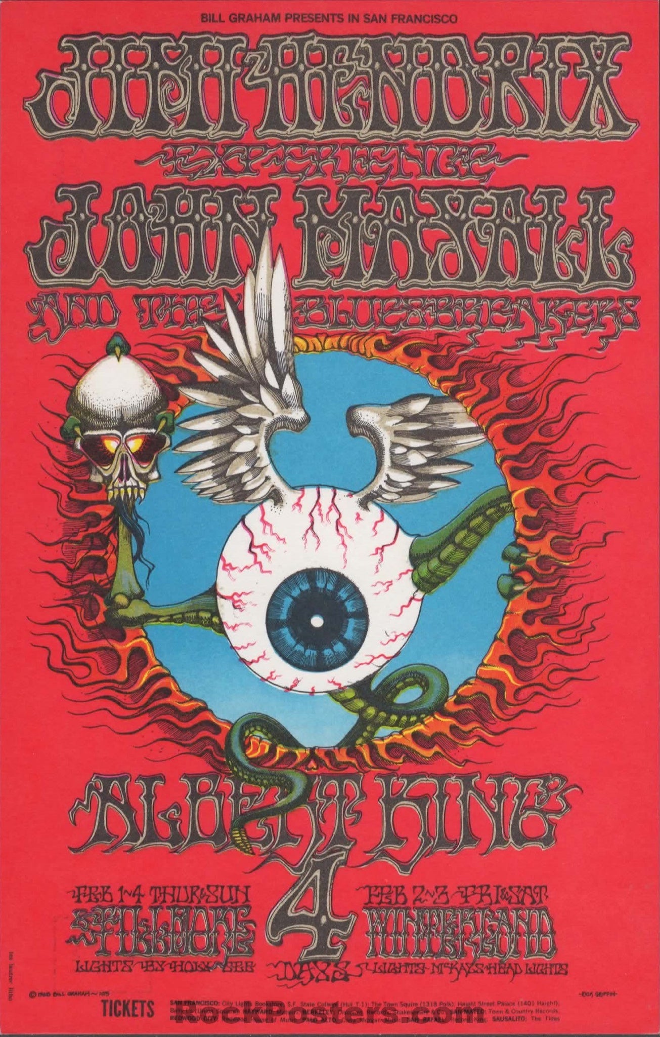 AUCTION - BG-105 - Jimi Hendrix - Rick Griffin - Flying Eyeball - 1968 Postcard - Fillmore Auditorium - Near Mint