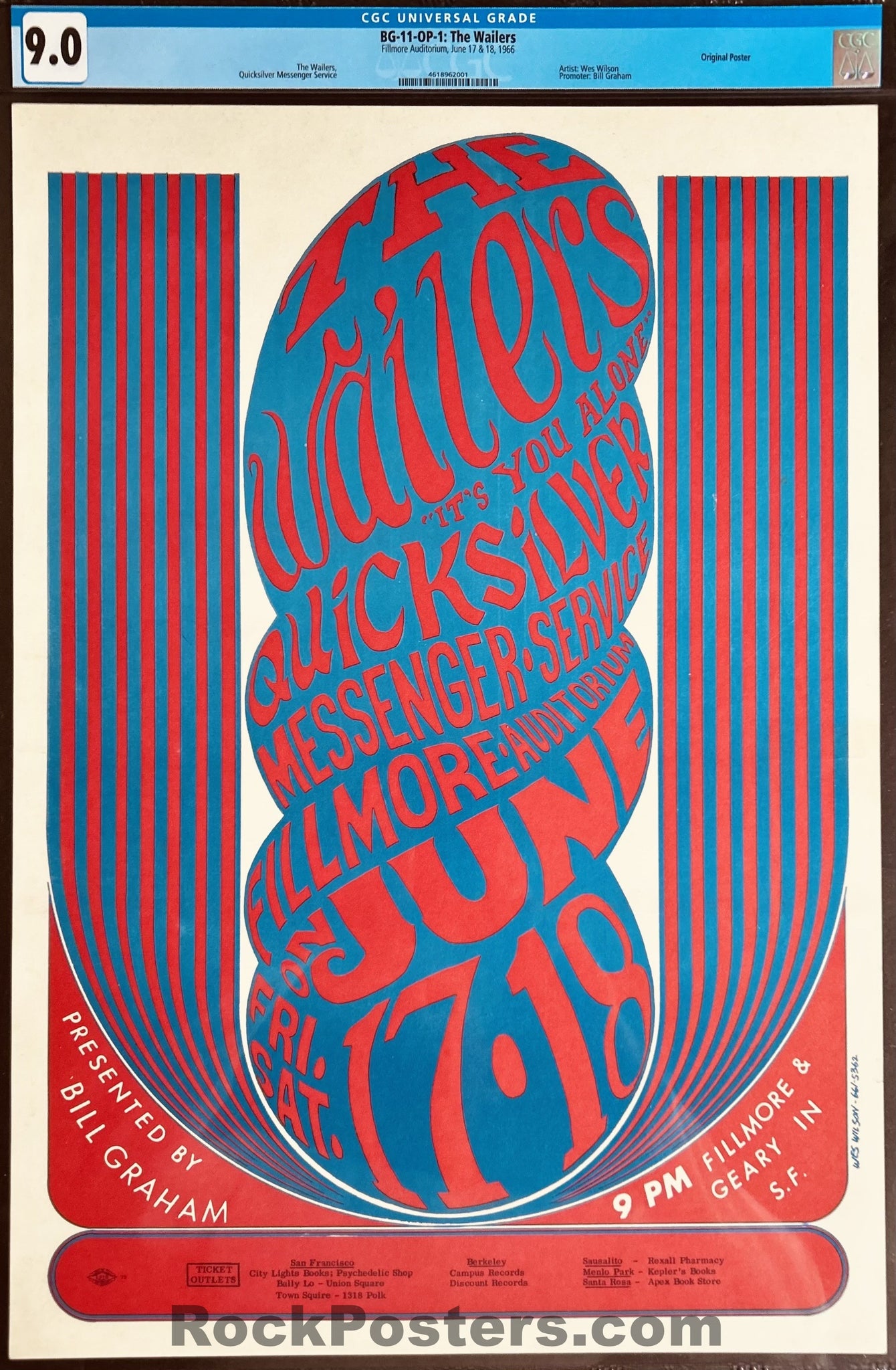 AUCTION - BG-11 - Quicksilver/The Wailers - Wes Wilson - 1966 Poster - Fillmore Auditorium - CGC Graded 9.0