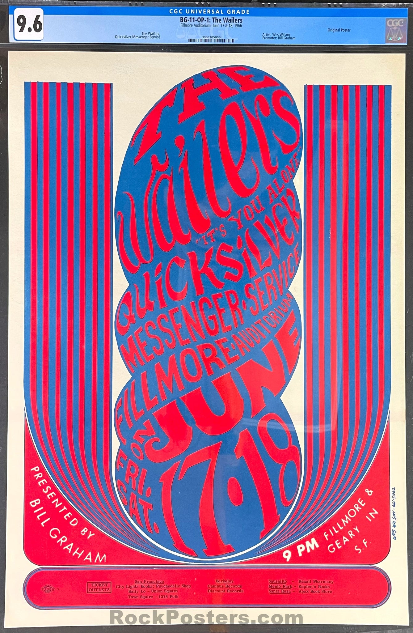 AUCTION - BG-11 - Quicksilver/Wailers - Wes Wilson - 1966 Poster - Fillmore Auditorium - CGC Graded 9.6