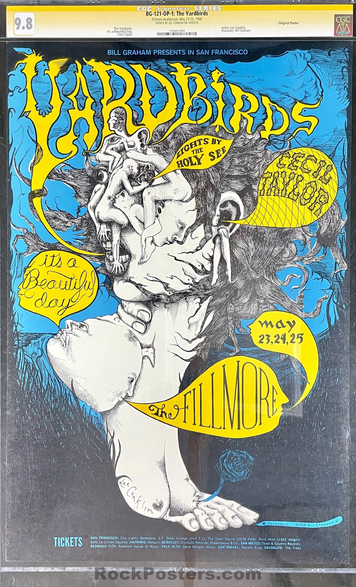 BG-121 - Yardbirds - Lee Conklin Signed - 1968 Poster - Fillmore Auditorium - CGC Graded  9.8