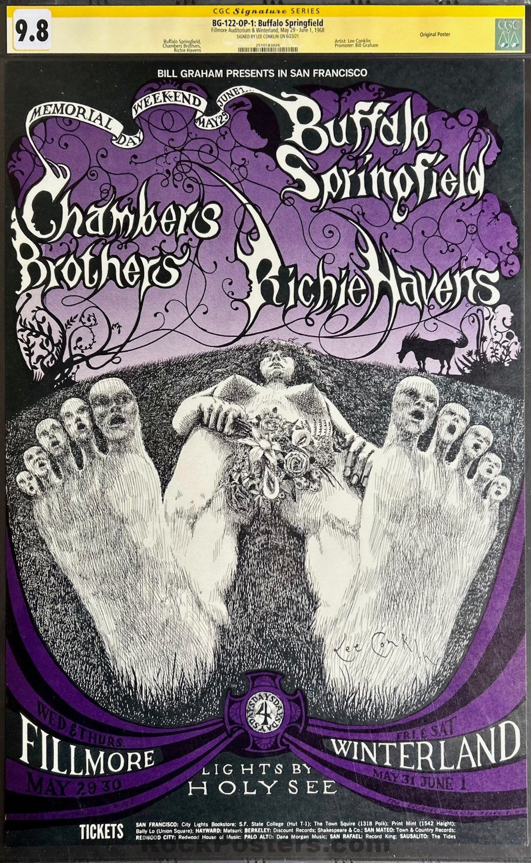 AUCTION - BG-122 - Buffalo Springfield - Lee Conklin Signed - 1968 Poster - Fillmore/Winterland - CGC Graded 9.8