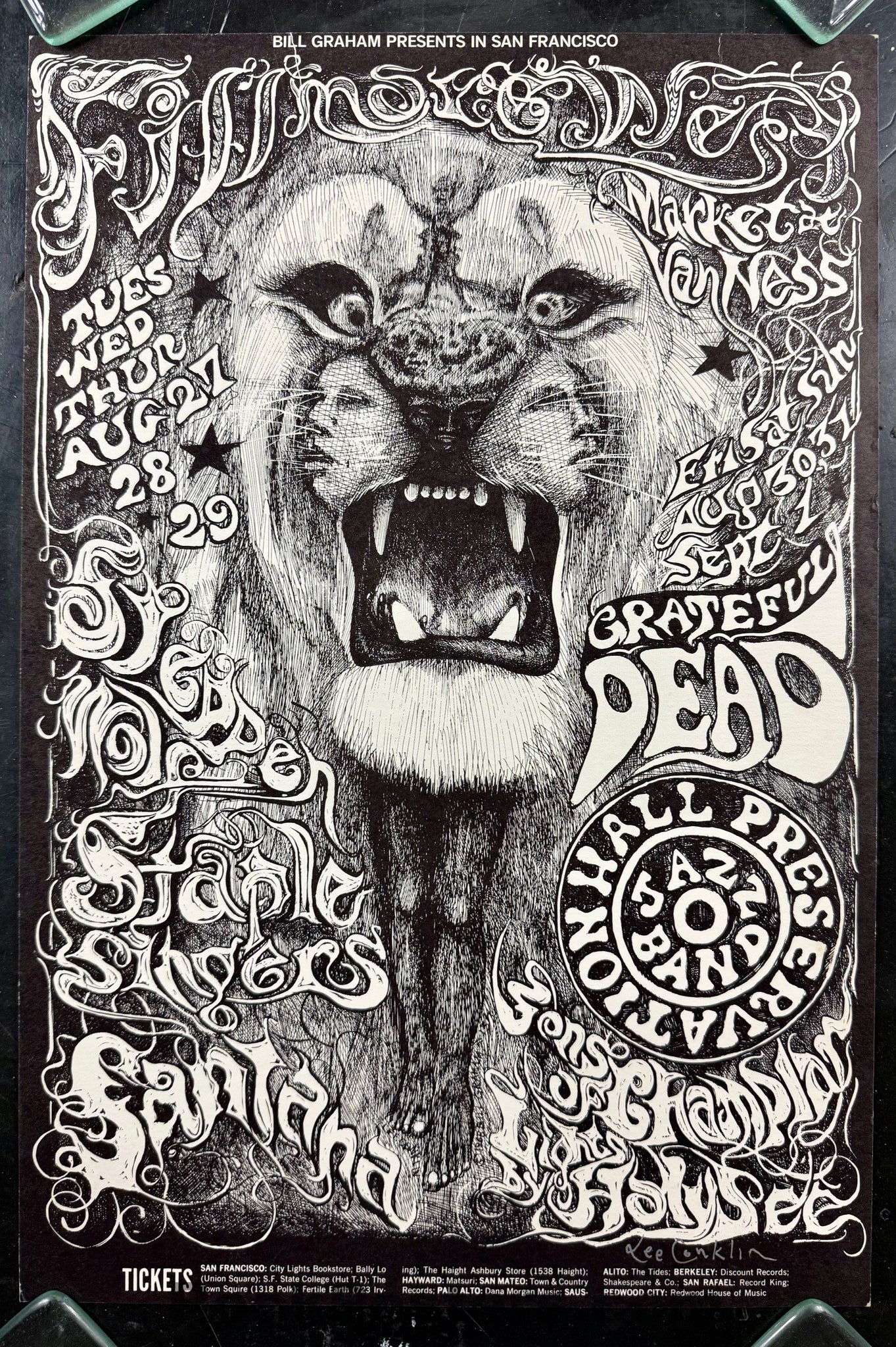 AUCTION - BG-134 - Grateful Dead - Santana - Lee Conklin Signed - 1968 Poster - Fillmore West - Excellent