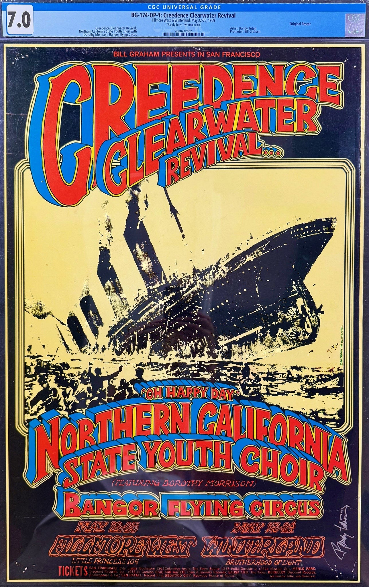 AUCTION - BG-174 - Creedence Clearwater - Randy Tuten Signed - 1969 Poster - Fillmore West/Winterland -  CGC Graded 7.0