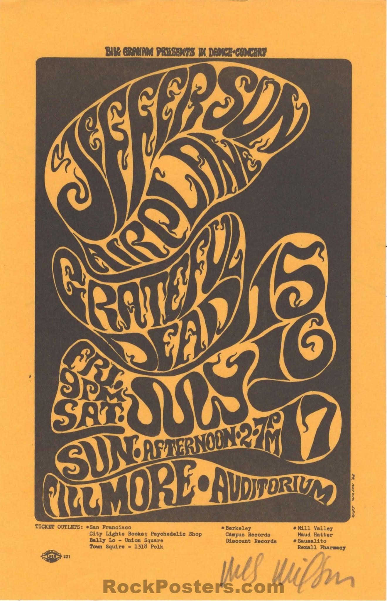 AUCTION - BG-17 - Grateful Dead - Jefferson Airplane - Wes Wilson SIGNED - 1966 Handbill - Fillmore Auditorium - Near Mint