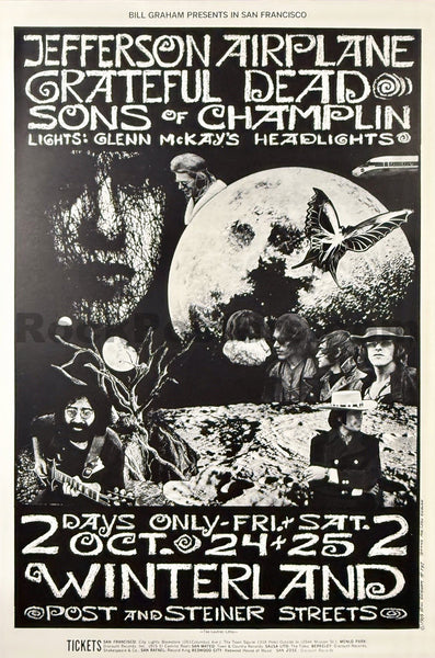 AUCTION - BG-197 -  Grateful Dead - Jefferson Airplane - Bonnie MacLean - 1969 Poster - Winterland - Near Mint