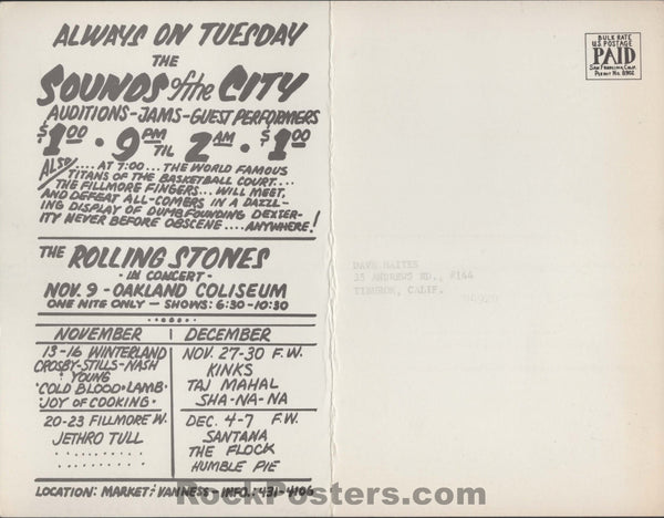 AUCTION - BG-199/BG-200 - Led Zeppelin - CSNY - Randy Tuten Signed - Winterland - 1969 Mailed Double Postcard - Excellent