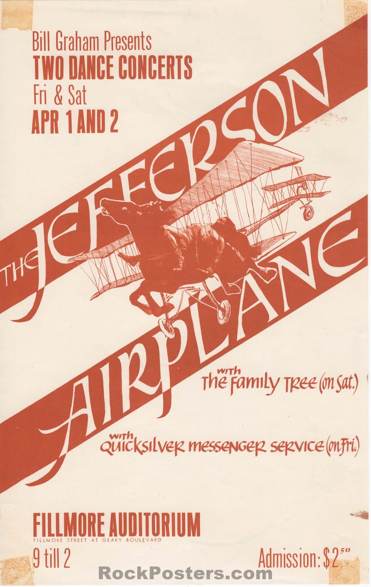 AUCTION - BG-1A - Jefferson Airplane - Quicksilver Messenger - Peter Bailey - 1966 Handbill - Fillmore Auditorium - Excellent