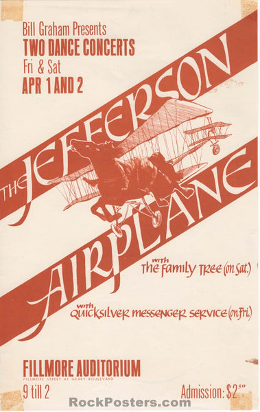 AUCTION - BG-1A - Jefferson Airplane - Quicksilver Messenger - Peter Bailey - 1966 Handbill - Fillmore Auditorium - Excellent