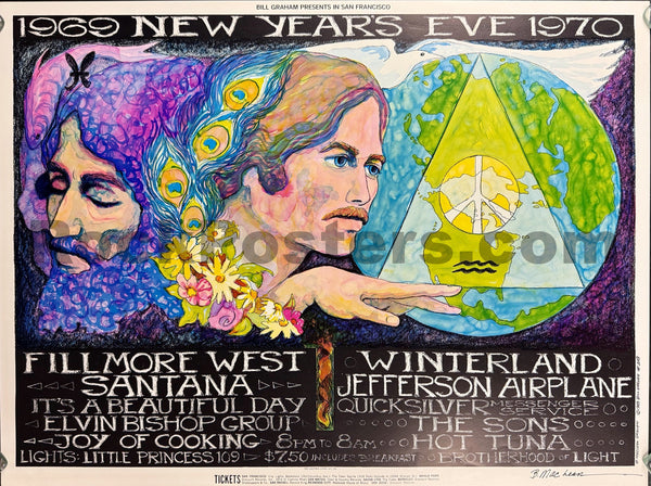 AUCTION - BG-209 - Santana/Jefferson Airplane - Double-New Year's Eve - 1969 Poster - Fillmore West/Winterland - Near Mint Minus