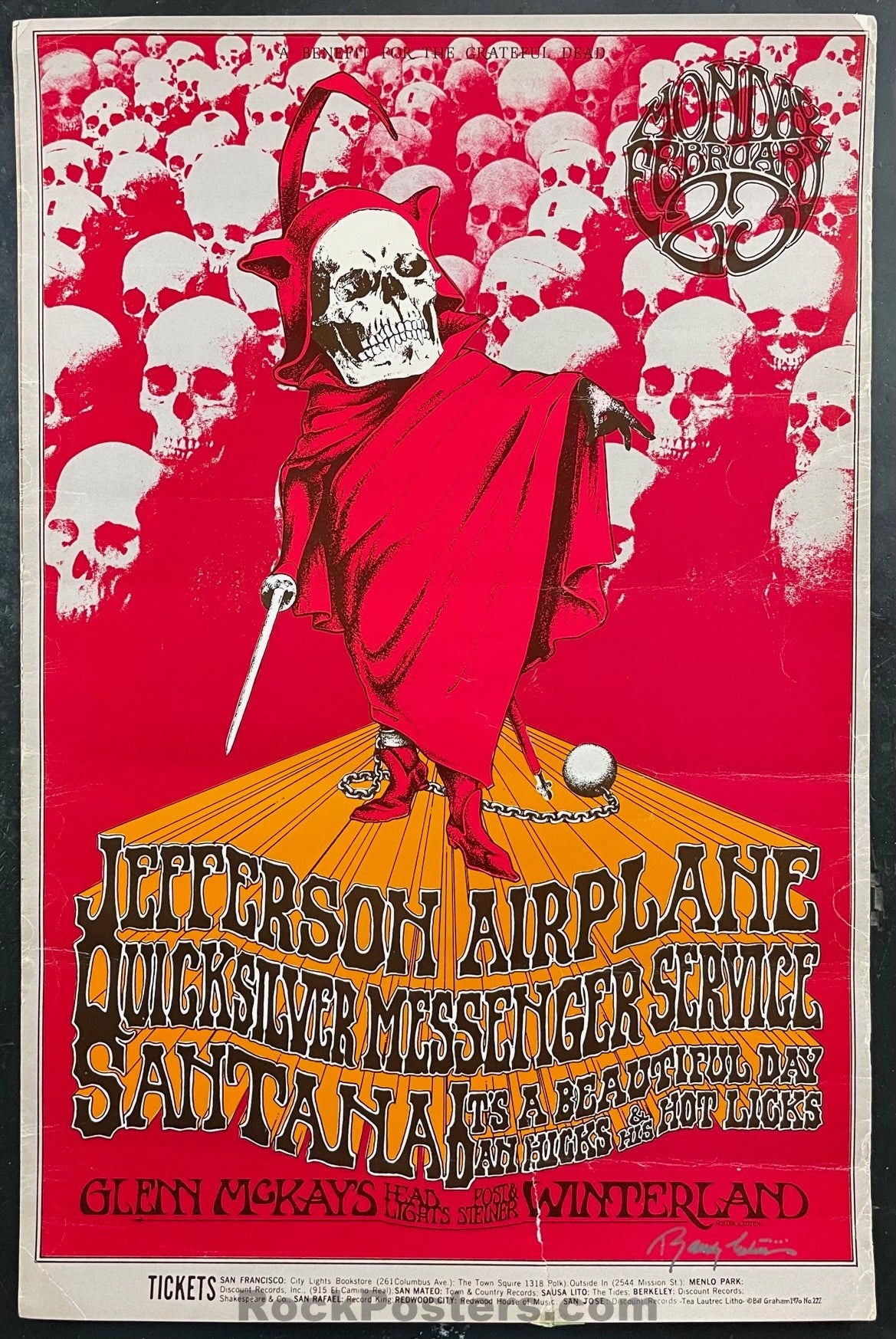 AUCTION - BG-222 - Jefferson Airplane - Grateful Dead Benefit - Randy Tuten Signed - 1970  Poster - Rough