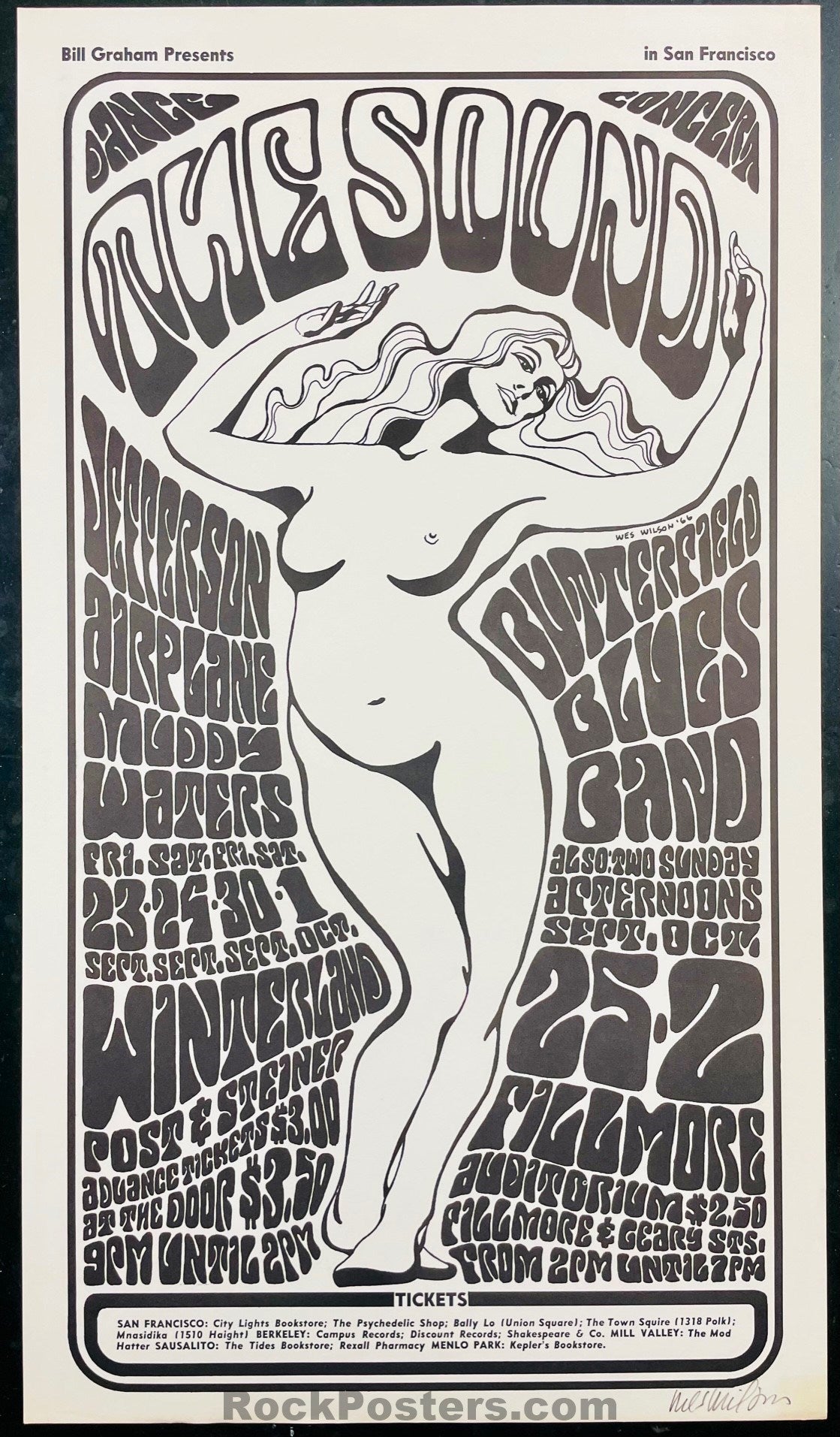 AUCTION - BG-29 - The Sound - Jefferson Airplane - Wes Wilson Signed - 1966 Poster - Fillmore Auditorium - Near Mint