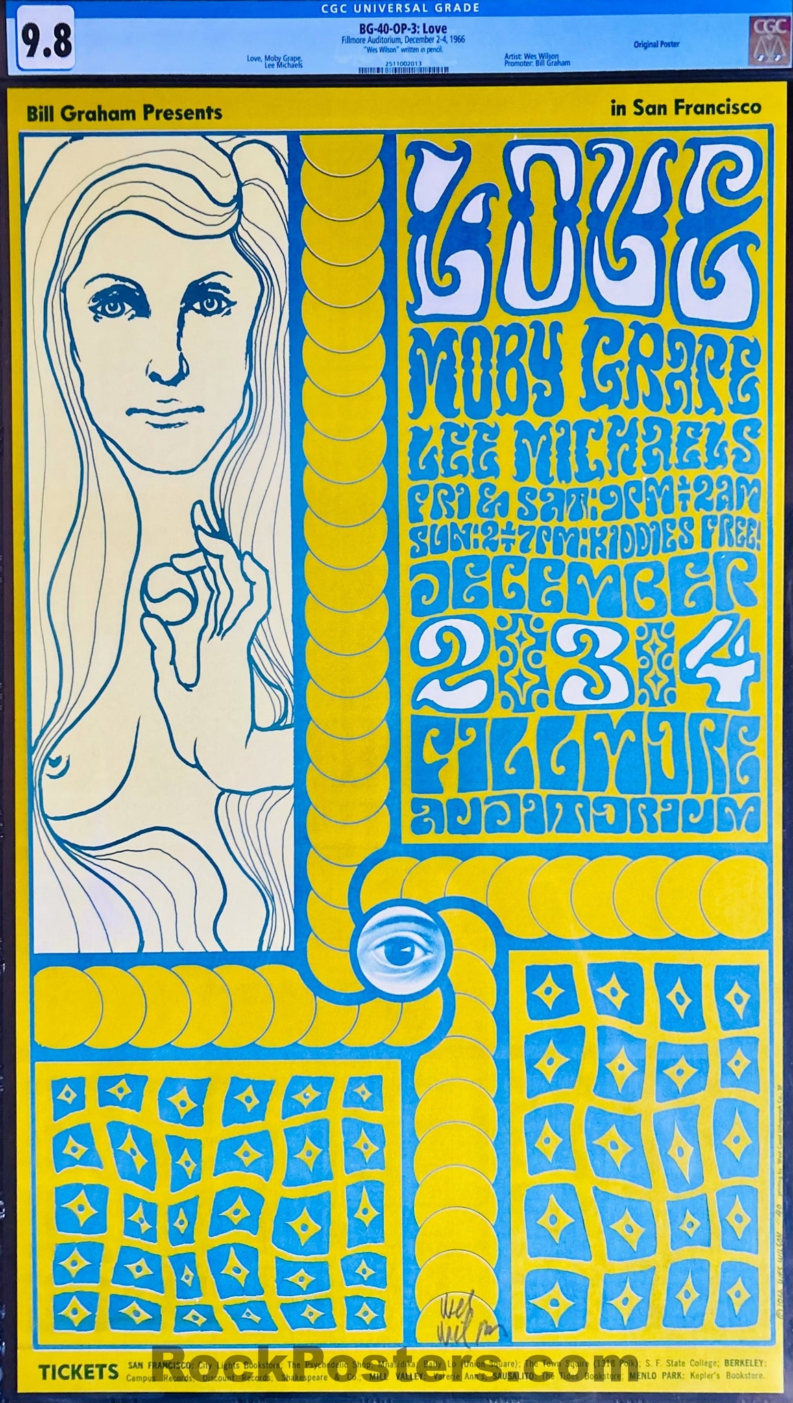 BG-40-OP-3 - Love/Moby Grape - Wes Wilson Signed - Fillmore Auditorium - 1966  Poster - CGC Graded 9.8