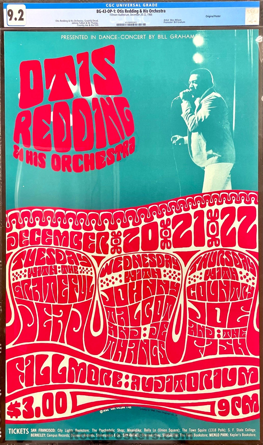 AUCTION - BG-43 - Otis Redding - Grateful Dead - Wes Wilson - 1966 Poster - Fillmore Auditorium - CGC Graded 9.2