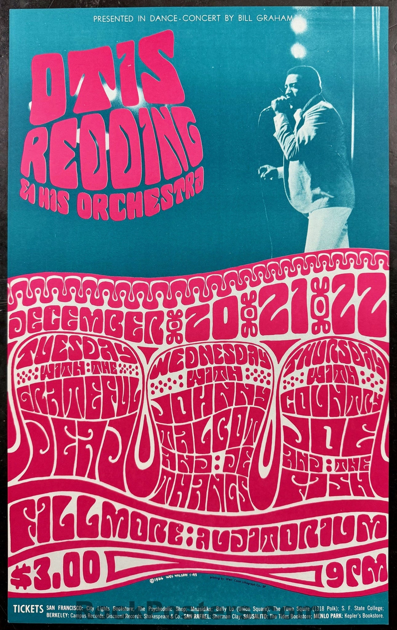 AUCTION - BG-43 - Otis Redding - Grateful Dead - Wes WIlson - 1966 Poster - Fillmore Auditorium - Near Mint Minus