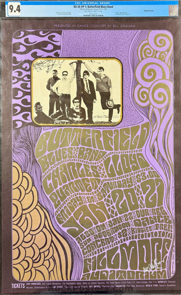 AUCTION - BG-46 - Butterfield Blues Band - Wes Wilson Signed - 1967 Poster - Fillmore Auditorium - CGC Graded 9.4