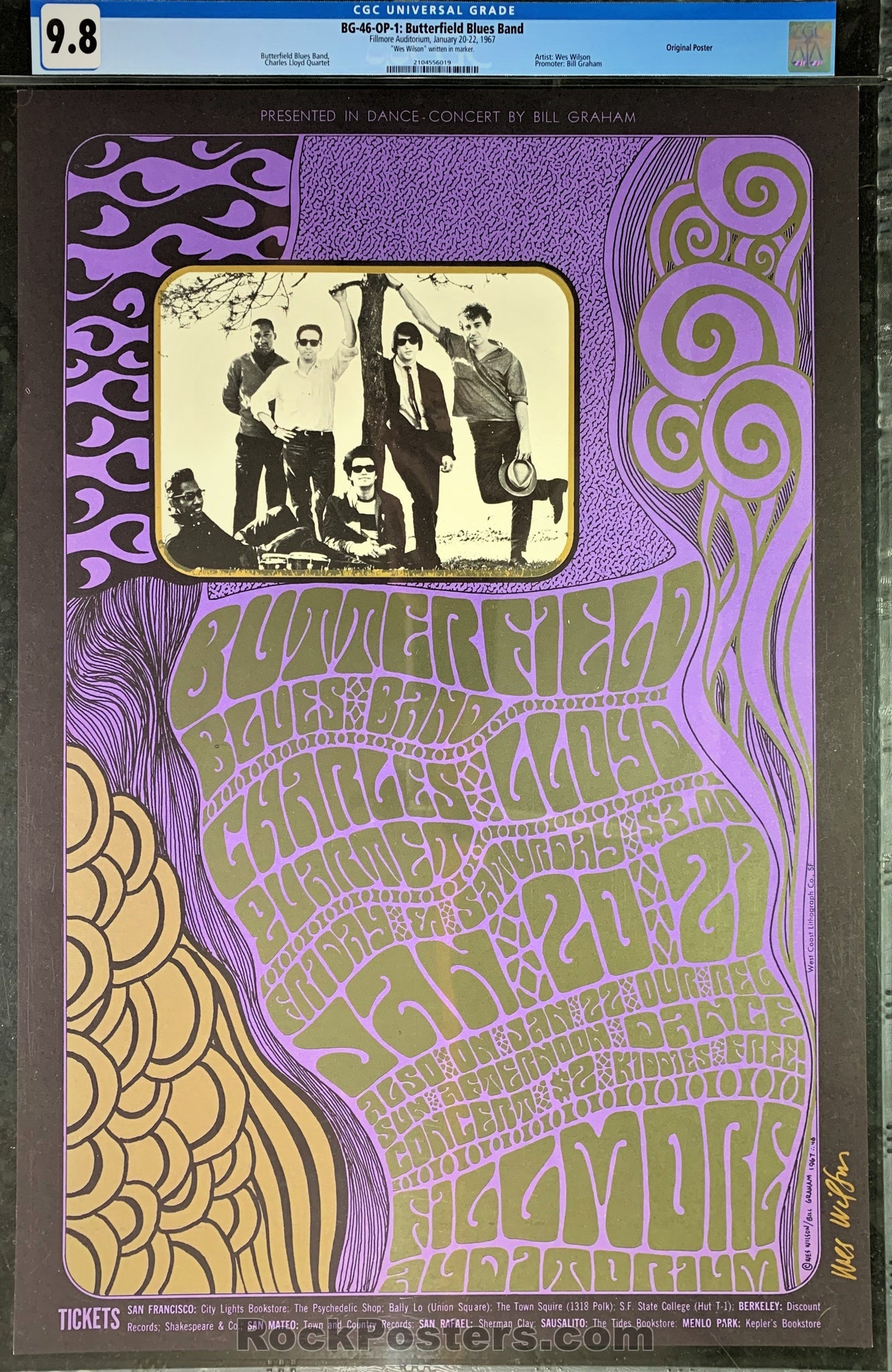 AUCTION - BG-46 - Butterfield Blues Band - Wes Wilson Signed - 1967 Poster - Fillmore Auditorium - CGC Graded 9.8