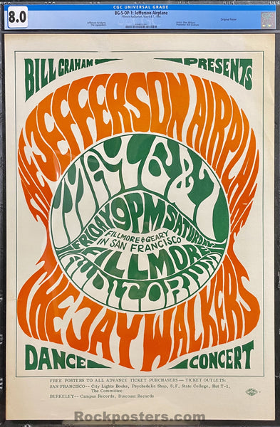 AUCTION - BG-5 - Jefferson Airplane - Wes Wilson - 1966 Poster - Fillmore  Auditorium - CGC Graded 8.0