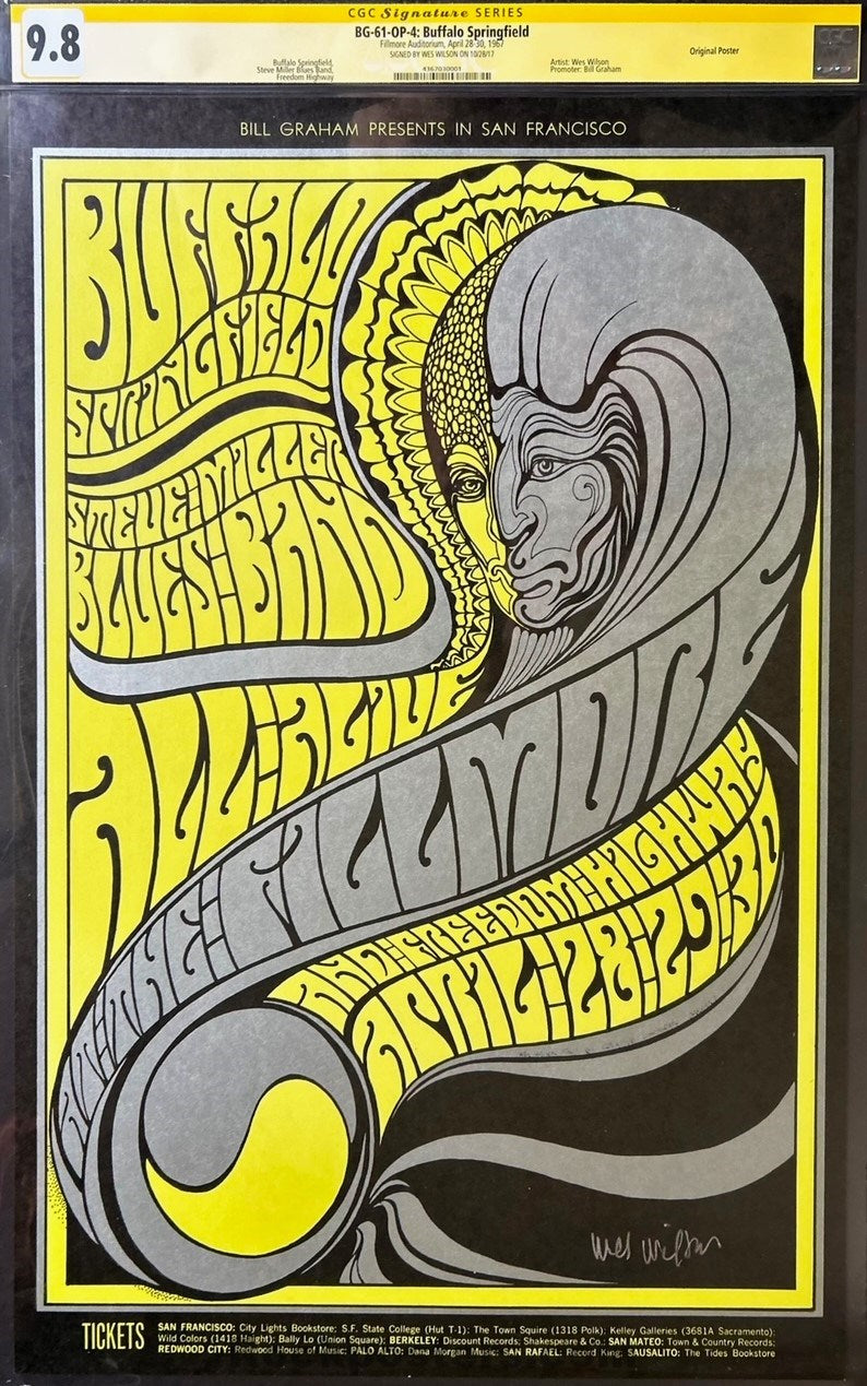 BG-61 - Buffalo Springfield - Wes Wilson Signed - 1967 Poster - Fillmore Auditorium - CGC Graded 9.8