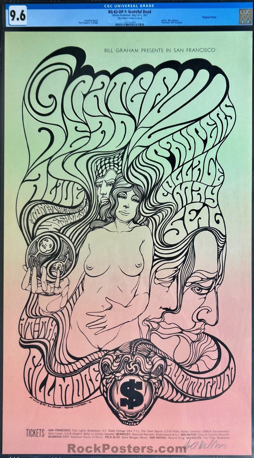 BG-62 - Grateful Dead - Wes Wilson Signed - 1967 Poster - Fillmore Auditorium -  CGC Graded 9.6