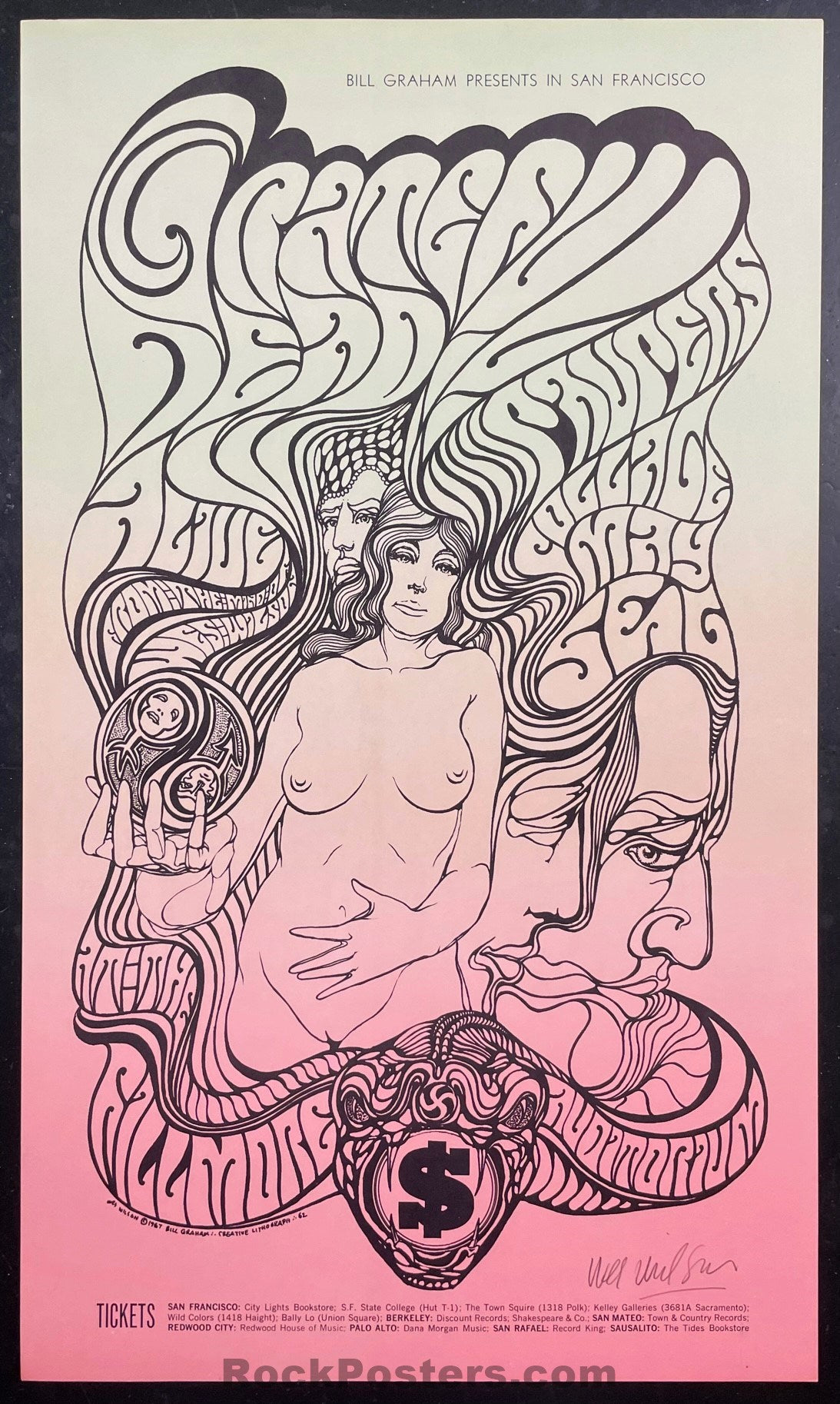 AUCTION - BG-62 - Grateful Dead - Wes Wilson Signed - 1967 Poster - Fillmore Auditorium -  Near Mint