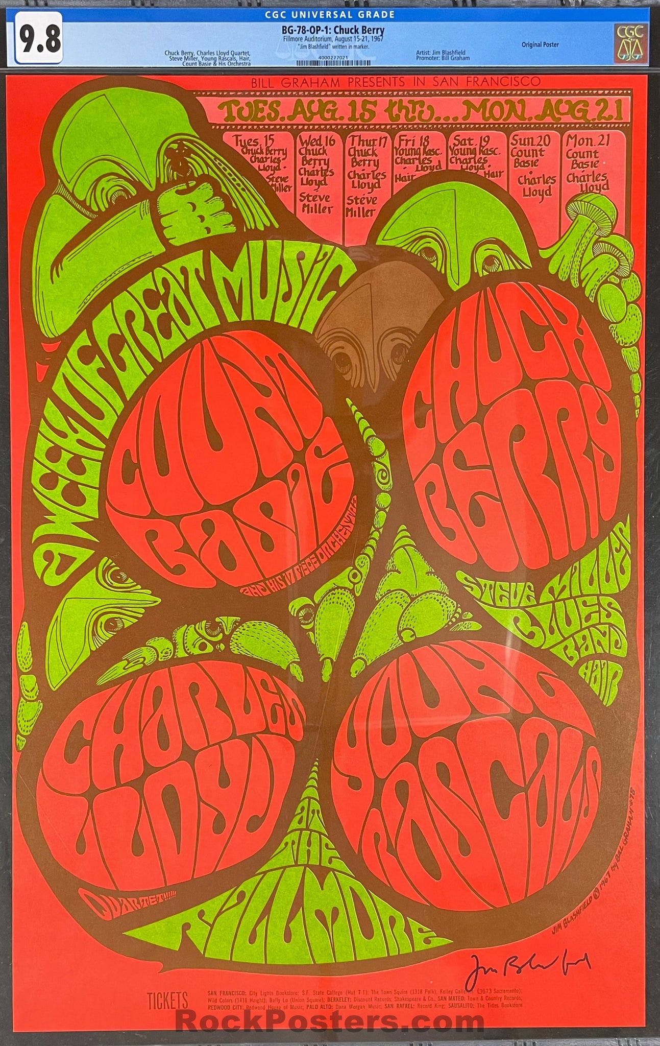BG-78 - Count Basie Chuck Berry - Jim Blashfield Signed - 1967 Poster - Fillmore Auditorium - CGC Graded 9.8