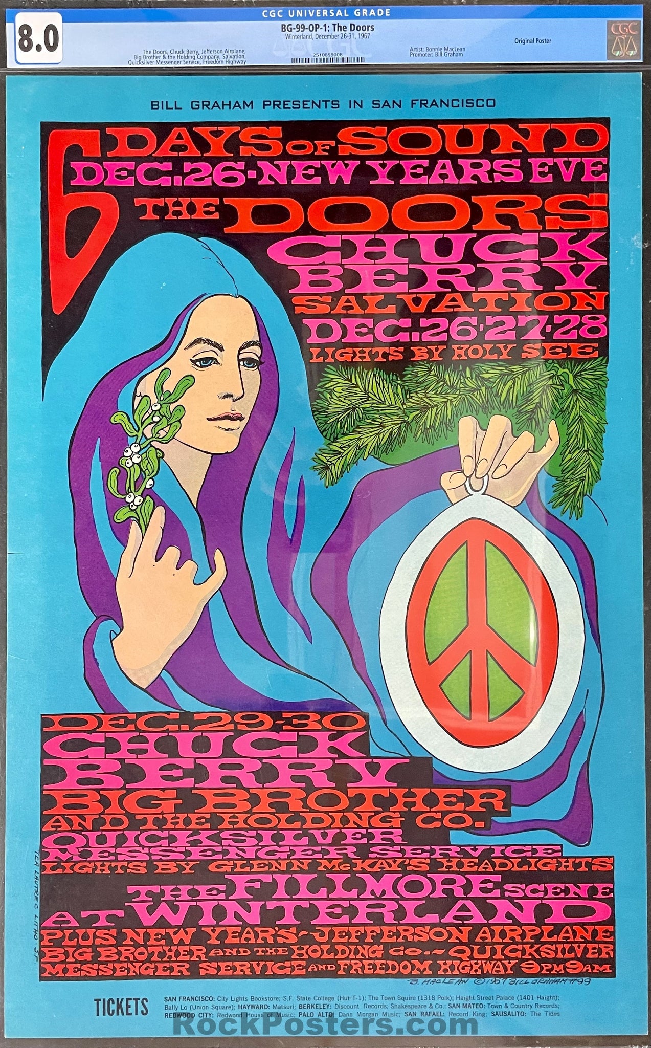 AUCTION - BG-99 - The Doors - Jefferson Airplane - Bonnie MacLean - 1967 Poster - Fillmore/Winterland - CGC Graded 8.0