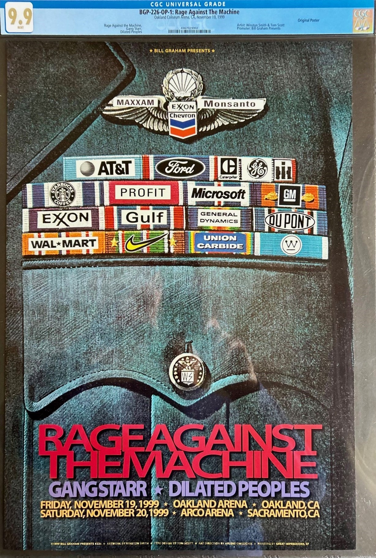 BGP-226 - Rage Against The Machine - 1999 Poster - Oakland Coliseum - CGC Graded 9.9 MINT